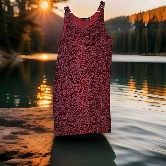 Red Black Leopard Dress XL Cruisewear Vacation Party Sexy Sleeveless Stretchy - Picture 1 of 9